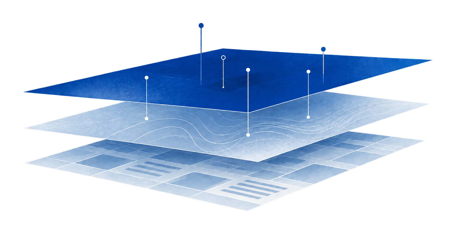 Layered data visualization: a deep blue plane of connected nodes above a pale contour layer, above a wireframe layout layer.