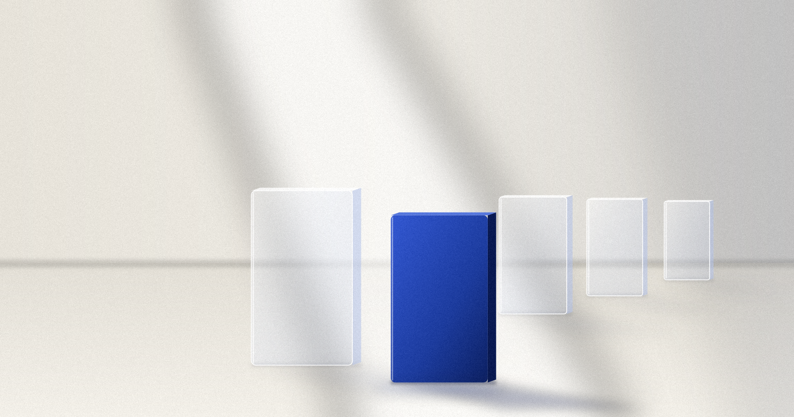 An upright blue rectangular panel among translucent white panels on a pale surface, casting long shadows.